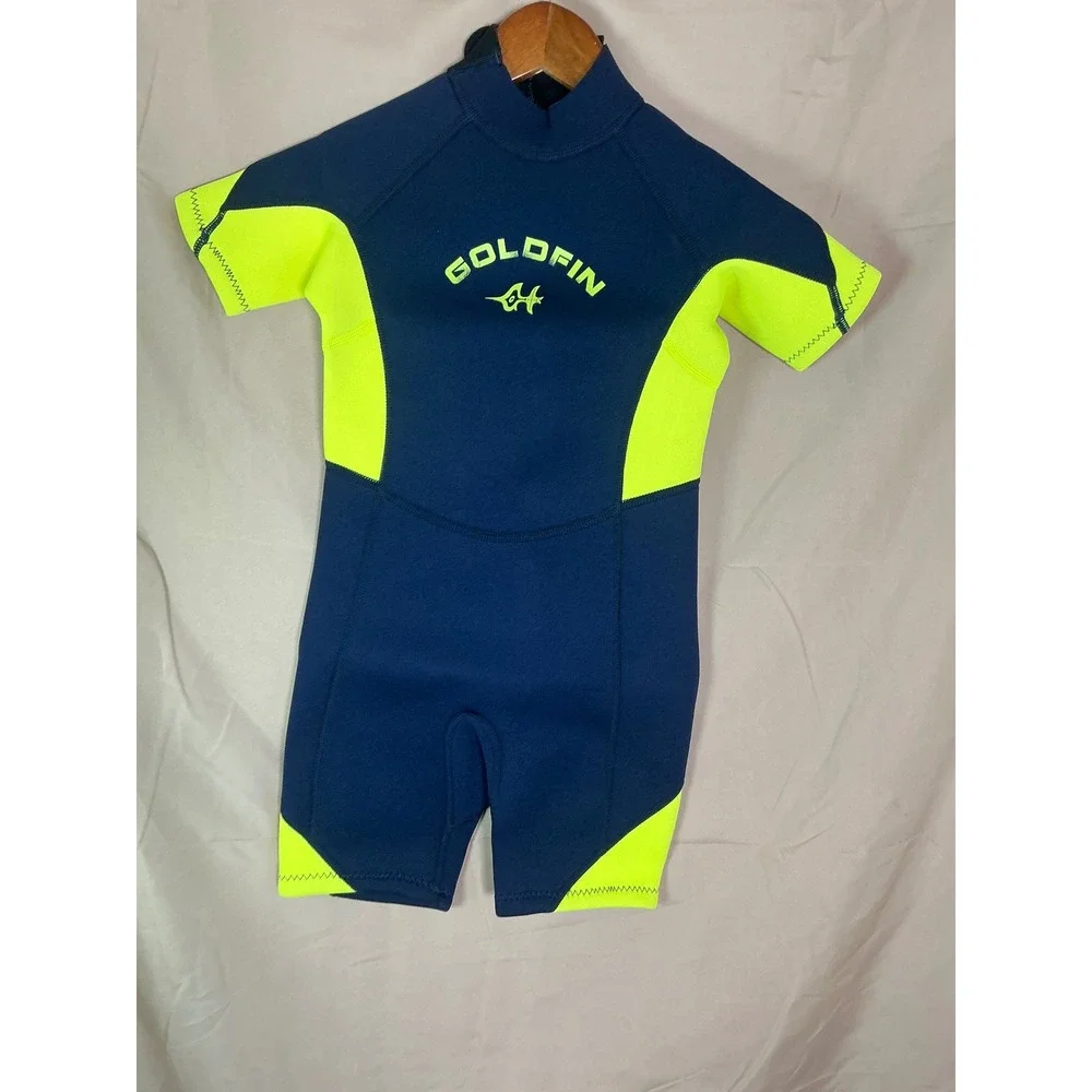 Goldfin Wetsuit Shorty Youth 8 Navy Blue Neon Yellow Excellent Back Zip Neoprene